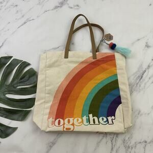 Eccolo Canvas Tote Bag New Rainbow Together Print Faux Leather Strap Pom Pom